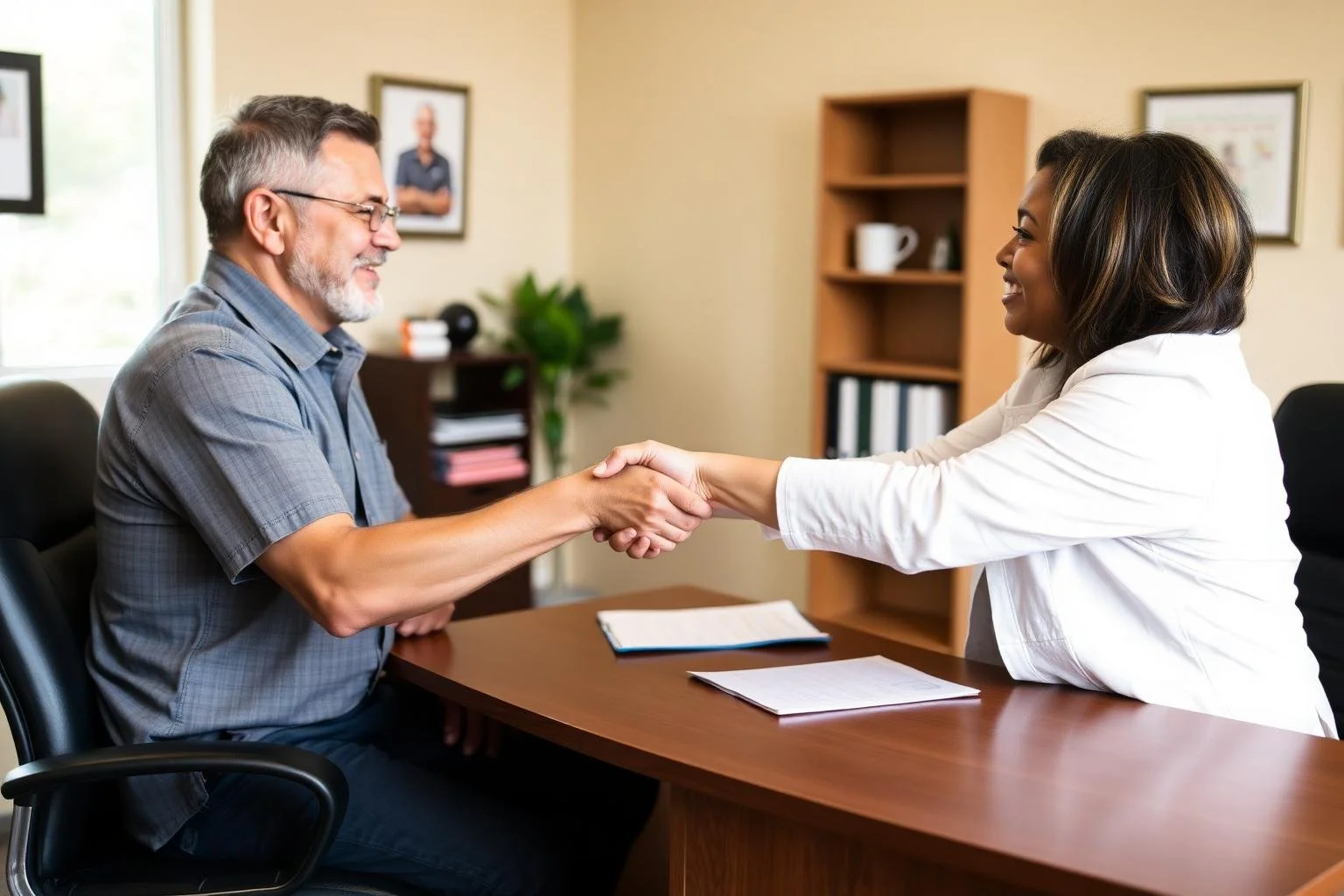 A man and woman shaking hands in an office setting, smiling at each other.