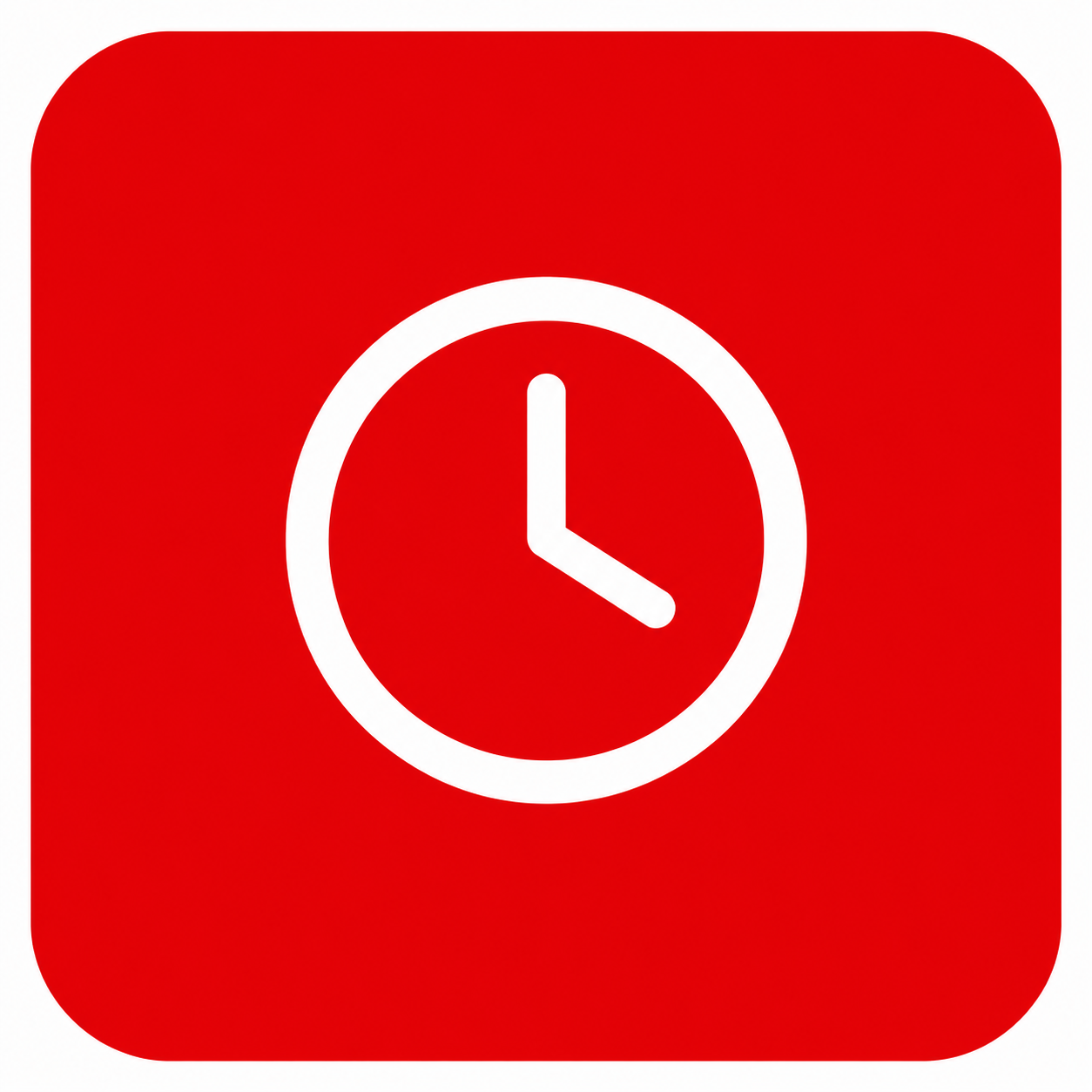 A red square icon with rounded corners, featuring a white clock symbol showing the time at 3:00.