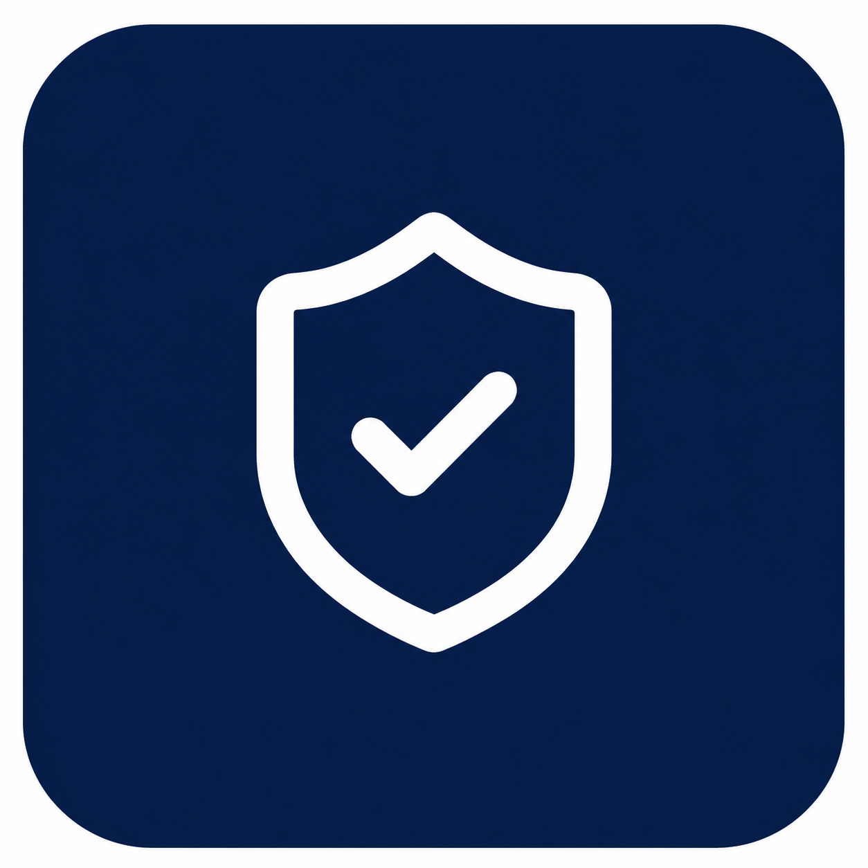 Security shield icon with a checkmark in the center on a dark blue background.
