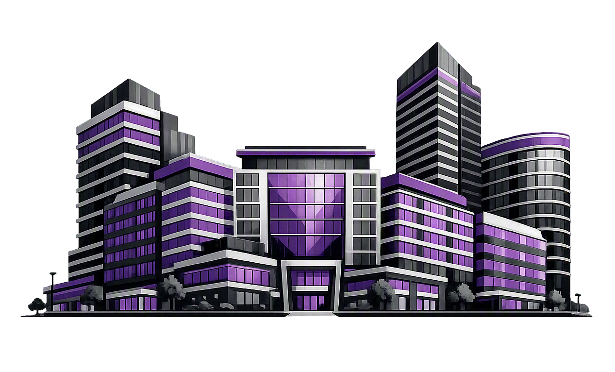 A digital illustration of a modern, multi-story office building with purple and black accents, featuring glass windows and a unique architectural design.