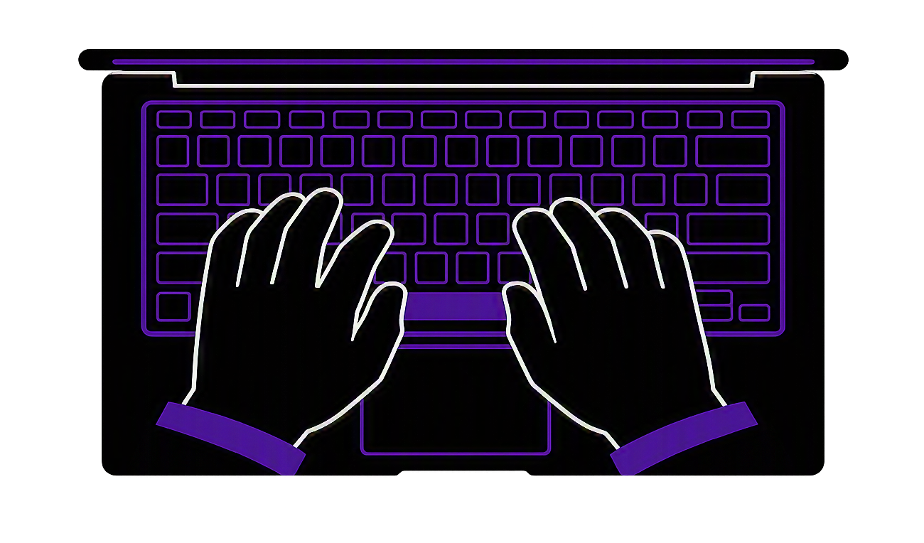 Neon illustration of a person typing on a laptop keyboard with hands in black gloves, glowing purple and white outlines.