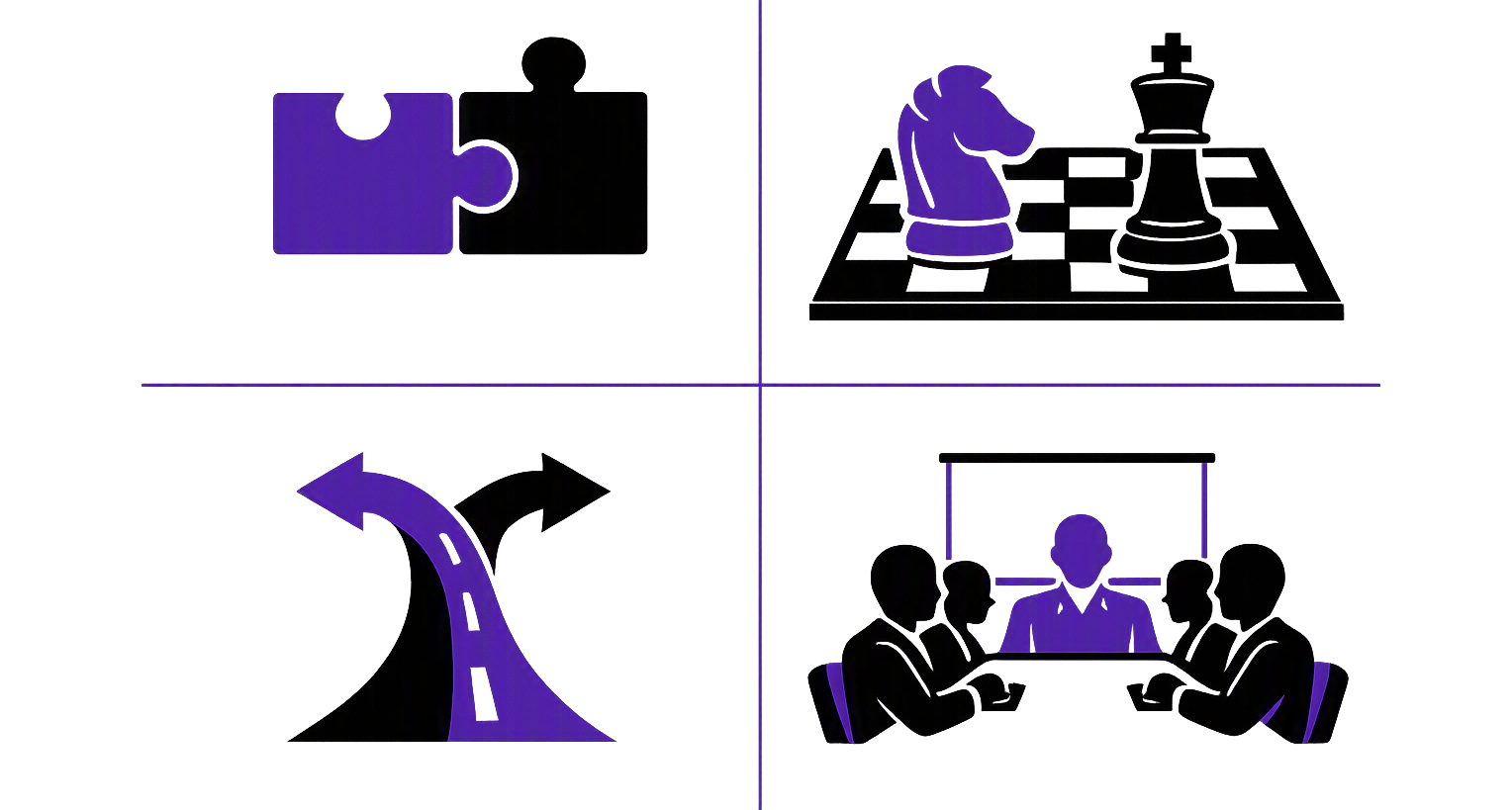 A four-panel illustration showing first a jigsaw puzzle piece with a missing piece, second a chessboard with a knight and a king, third a winding road, and fourth a business meeting with five people around a table.