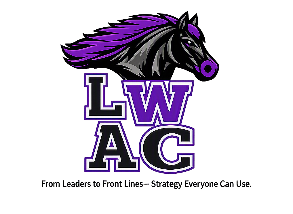Logo with a black and purple horse head above the acronym 'LWAC' in large, black and purple letters. Text at the bottom reads 'From Leaders to Front Lines - Strategy Everyone Can Use'.