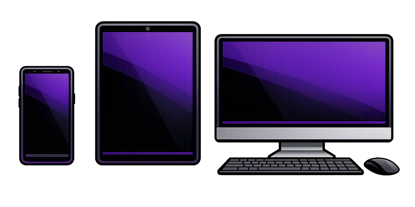 Illustration of a computer setup with a desktop monitor, keyboard, and mouse, along with a smartphone and a tablet, all with purple and black color themes.
