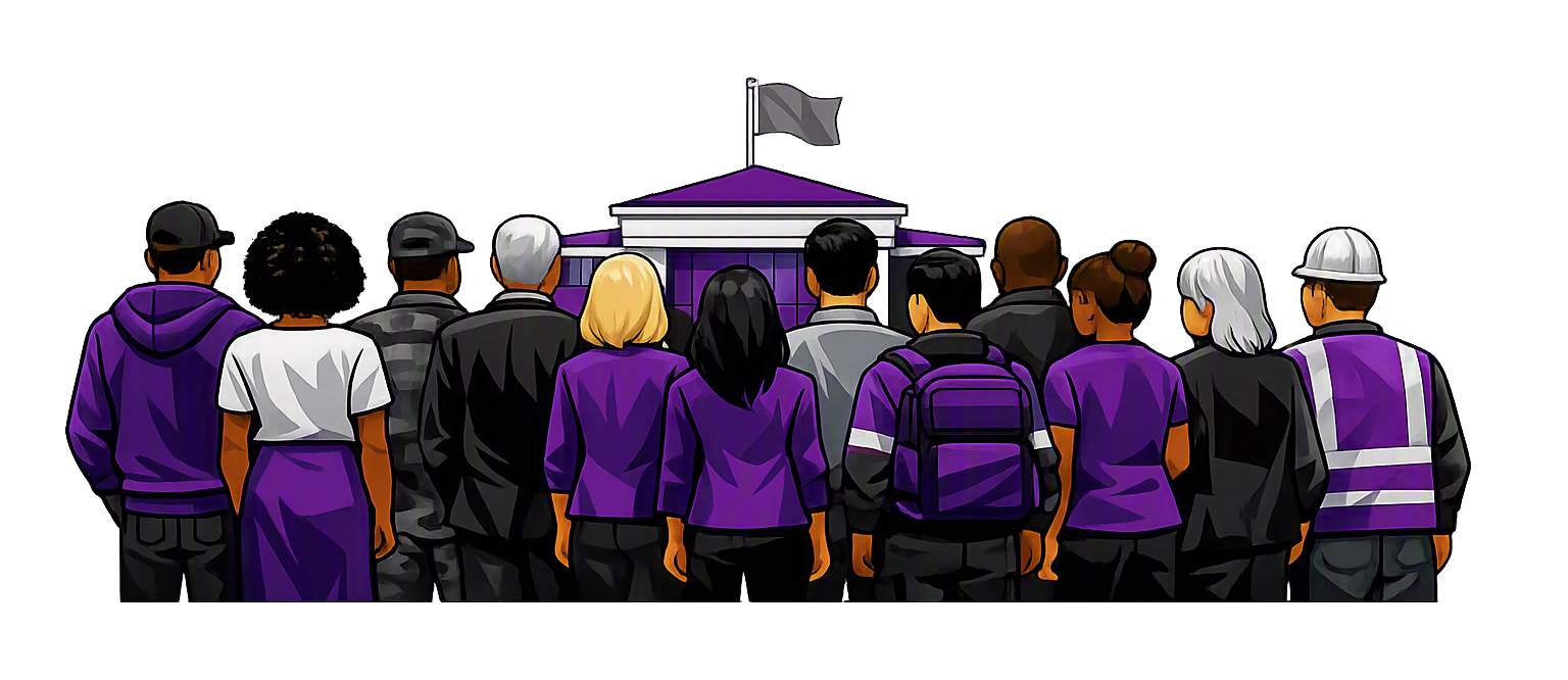 Digital illustration of a diverse group of people gathered with their backs to the viewer, facing the White House, in shades of purple and gray.