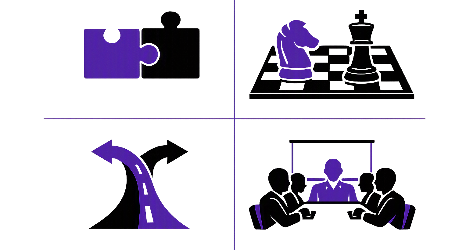 A collage of four images showing different chess-related activities: a chess puzzle, a chess clock, a chess knight piece, and people in a meeting discussing chess strategy on a large screen.
