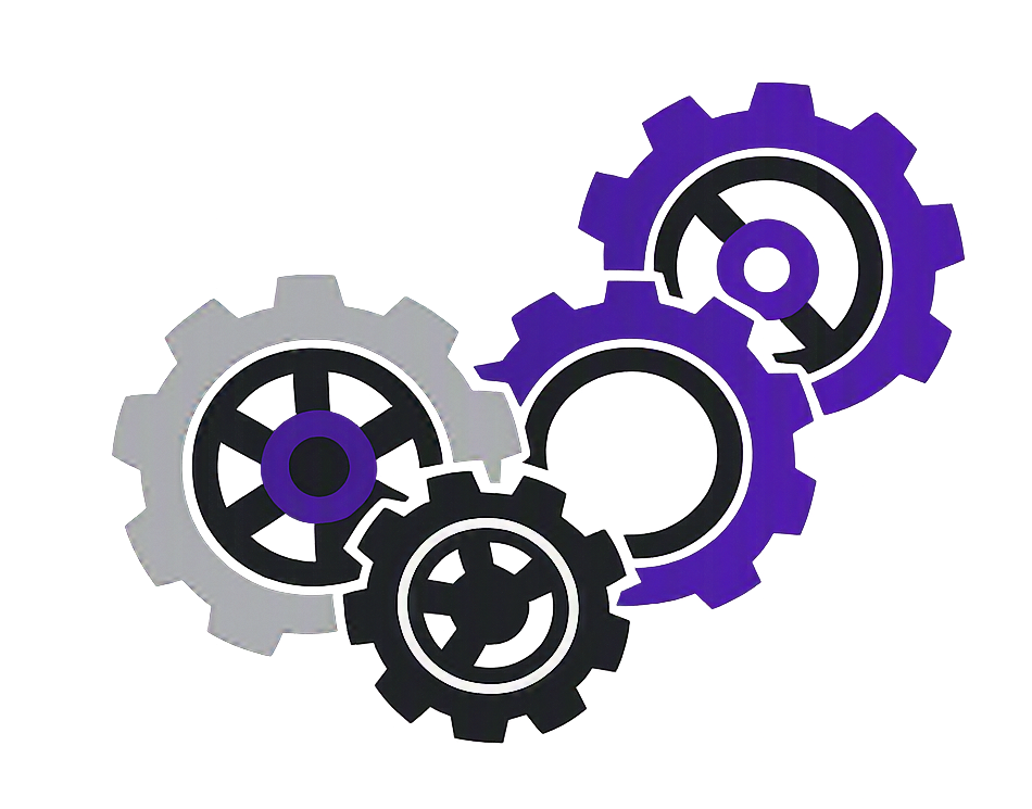 Four interlocking gears with black, white, gray, and purple colors on a black background.