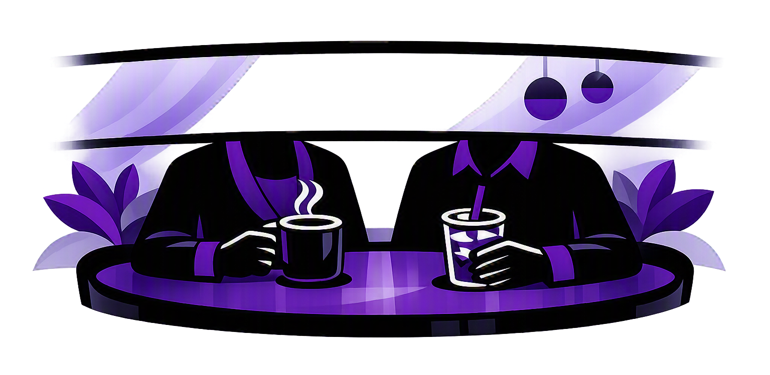 Silhouette illustration of two people sitting at a table under a large umbrella, each holding a drink, with plants in the background.