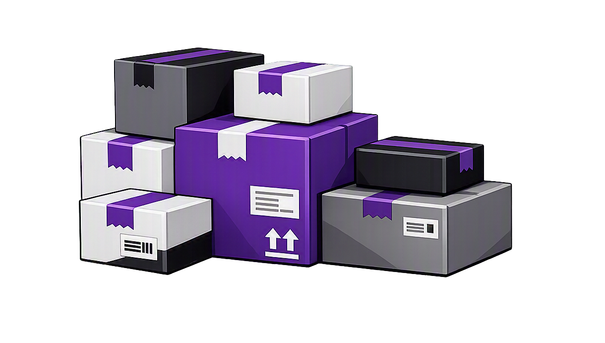 A group of cardboard boxes in various sizes stacked together, with some boxes black, gray, purple, and white, featuring shipping labels and purple tape.