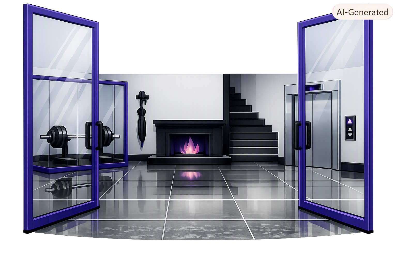 Modern elevator lobby with glass doors, gym equipment visible inside, a fireplace in the center, and a staircase leading upstairs.