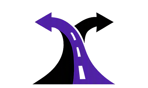 A graphic depicting two curved arrows, one purple and one black, indicating a turnaround or cycle.