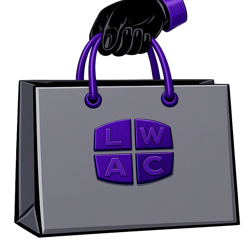A shopping bag with purple handles and a logo consisting of four purple blocks with the letters L, W, A, C, arranged in a circle.