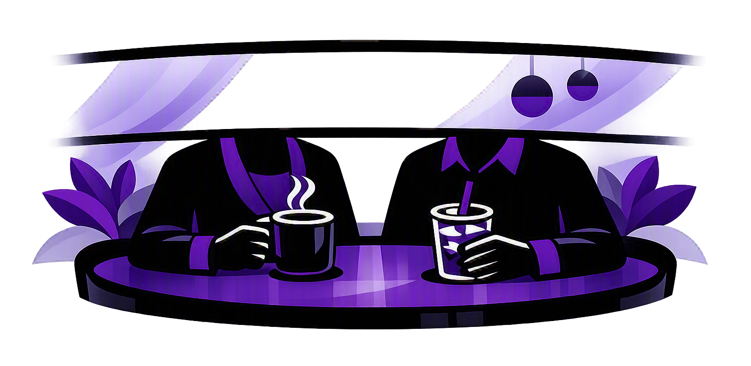 Silhouette of two people sitting at a table, each holding a drink, with a large hat or umbrella shading them, set against a stylized background with plants and light effects.