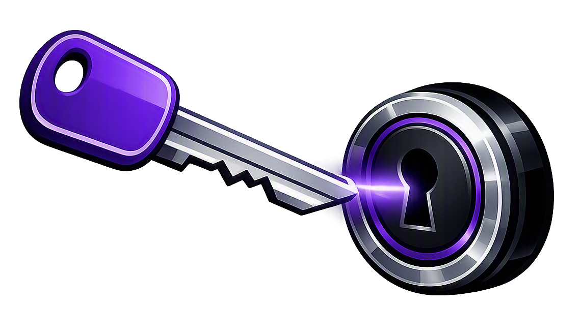 A digital illustration of a silver key with purple accents inserted into a round black and silver keyhole with purple light.
