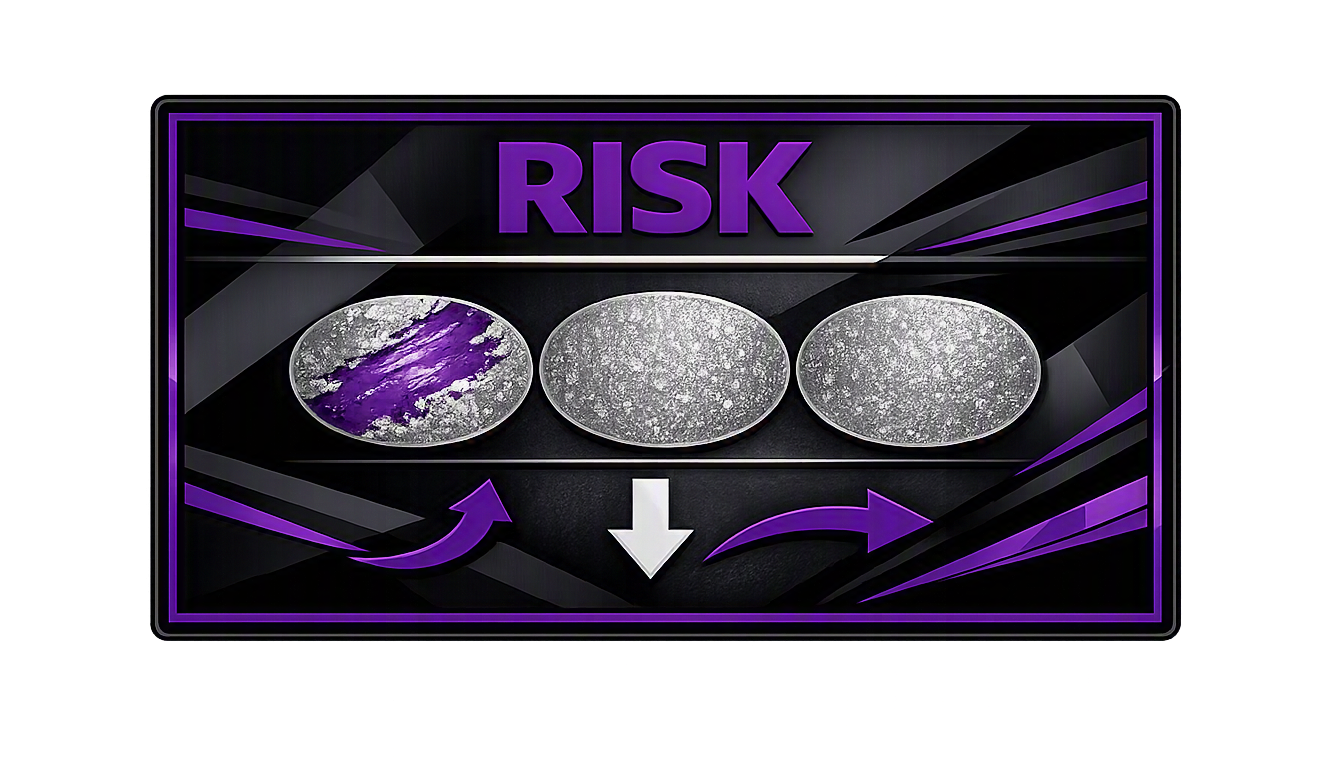A digital graphic with the word 'RISK' at the top, three oval shapes below it with the first one showing purple and silver patterns, the other two with silver textures, and arrows pointing downward and to the right.