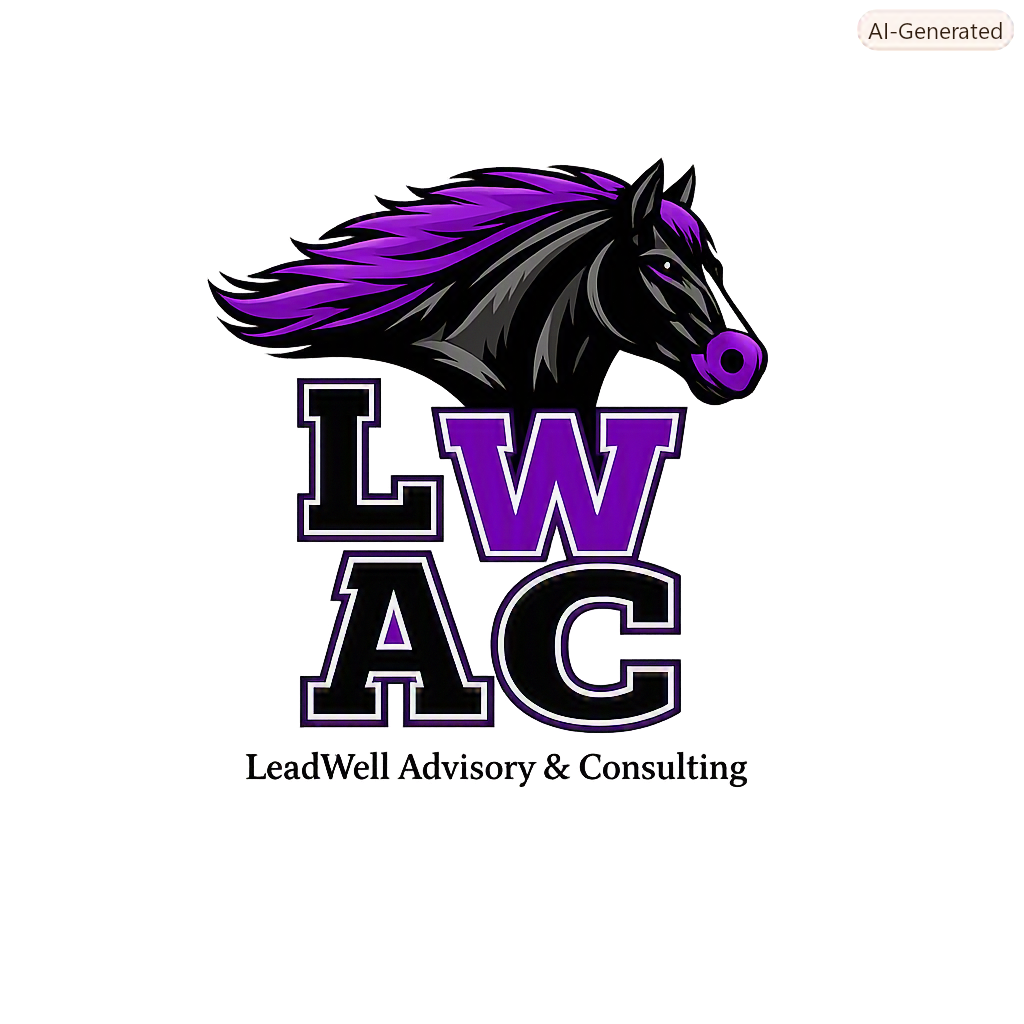 Logo for Lead Wall Advisory & Consulting featuring a stylized black and purple horse head above the words "LWAC" in bold, outlined purple and black letters.