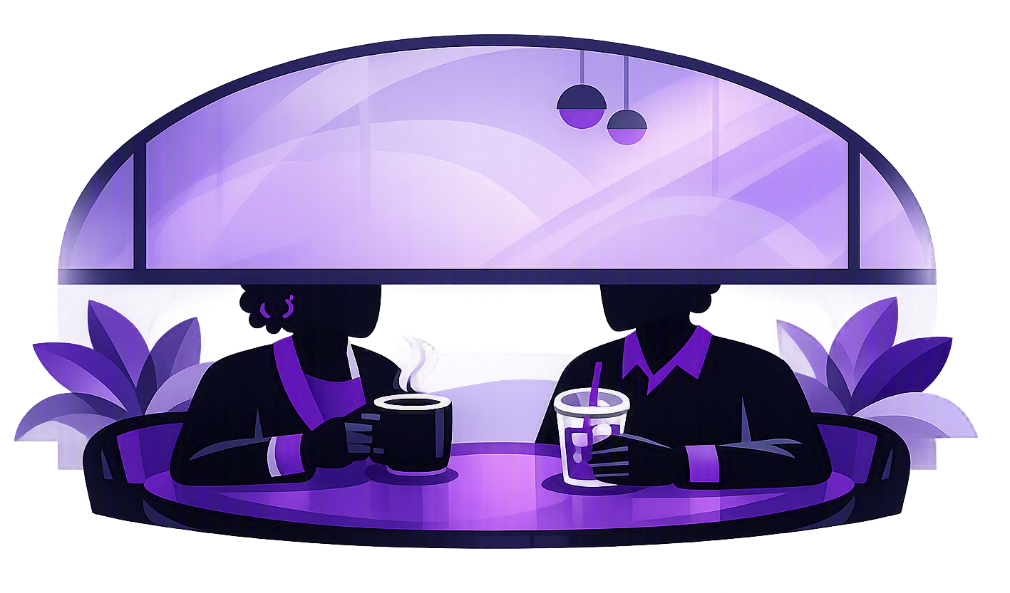 Two people sitting at a round table in a cafe, sharing drinks and having a conversation. The scene is stylized with purple tones and modern decor, including large plants and hanging lamps.