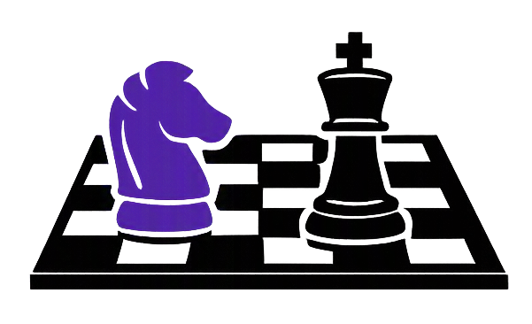 Close-up of a purple chess knight piece and a black king piece on a chessboard.