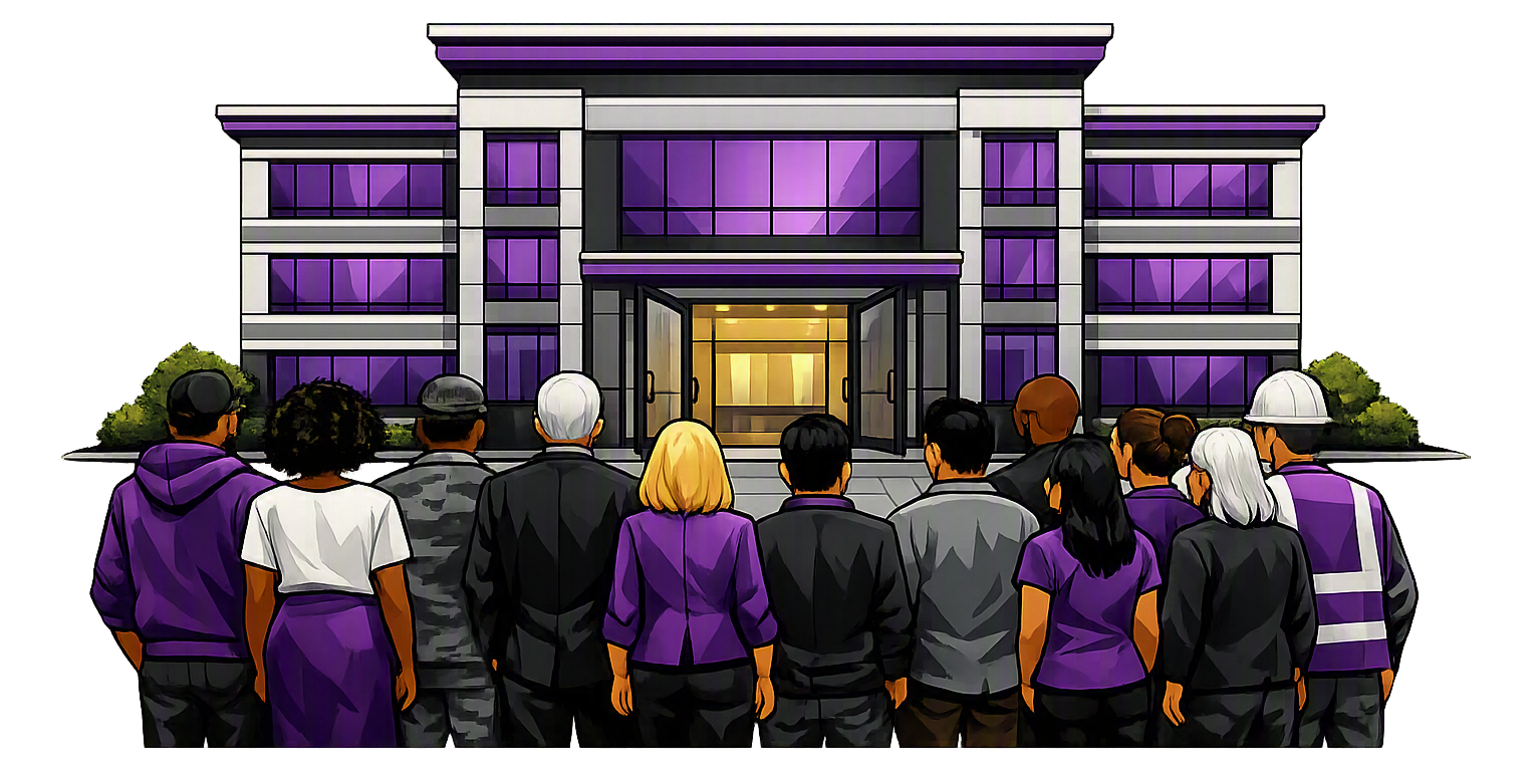 A group of people standing outside a modern building with purple windows, gathered for a ceremony or event.