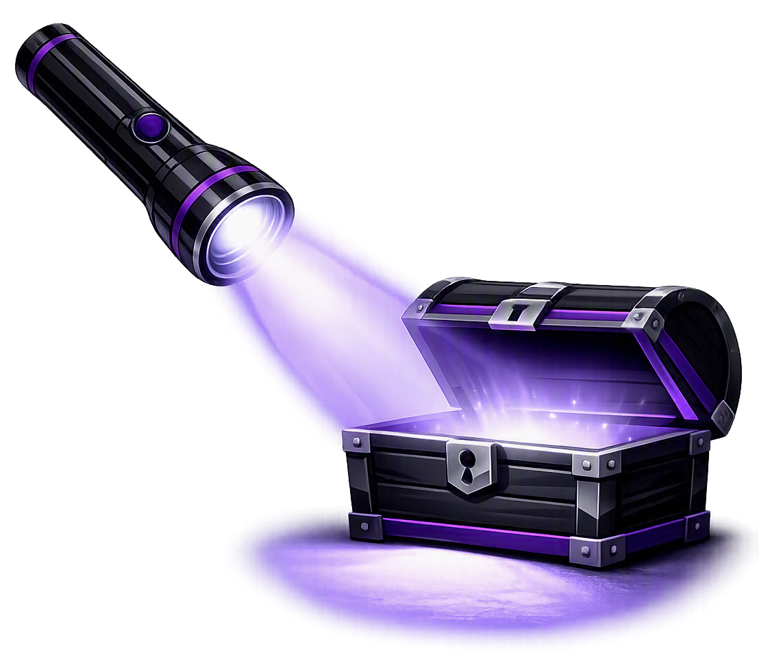 A flashlight shining purple light into an open black treasure chest with purple interior, emitting glowing purple light.
