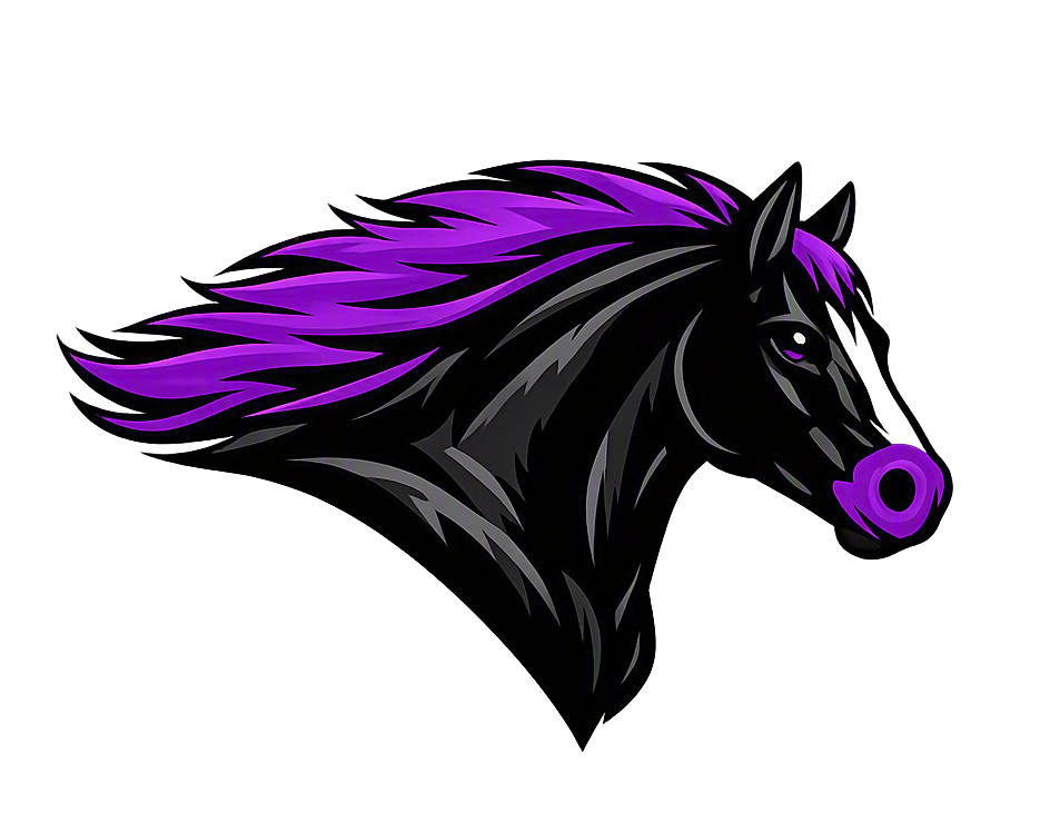 Stylized black horse head with purple mane and a purple nose ring on a black background.