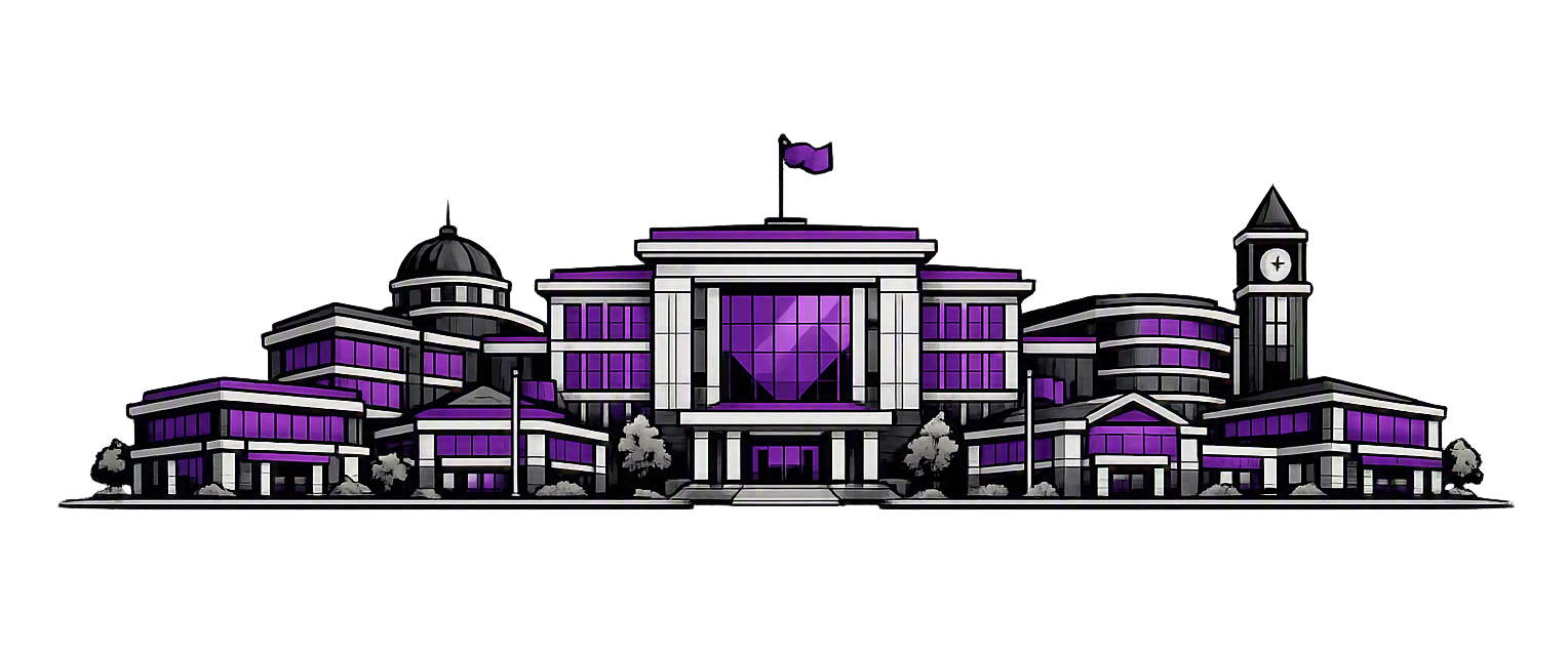 Illustration of a large, modern government or civic building with purple tinted windows, a central entrance, and a clock tower on the right. The structure features multiple levels and architectural details, with trees and streetlights in front.
