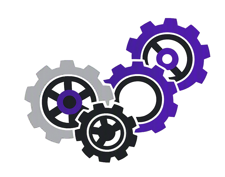 Four interlocking gears in various sizes, with a glowing effect, representing machinery or engineering concepts.