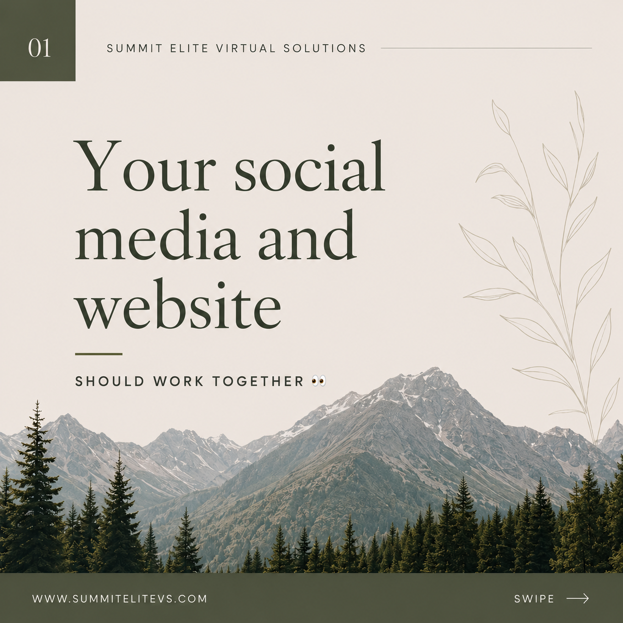 Social media branding graphic for Summit Elite Virtual Solutions featuring mountain-inspired design, cohesive branding, and messaging about aligning websites and social media strategy.