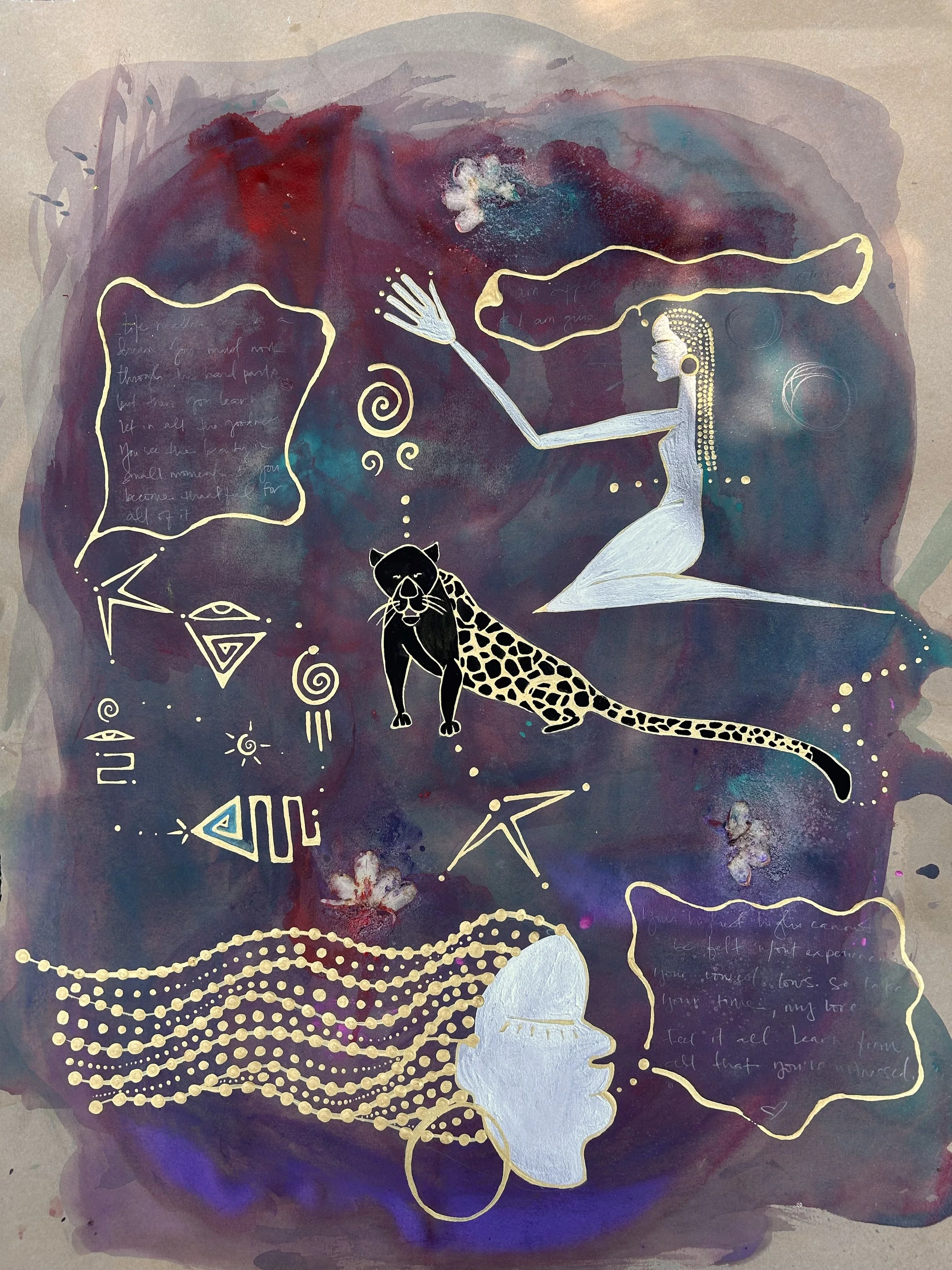 "I dreamt of a black jaguar while my guides whispered to me" Acrylic and flower petals on paper.