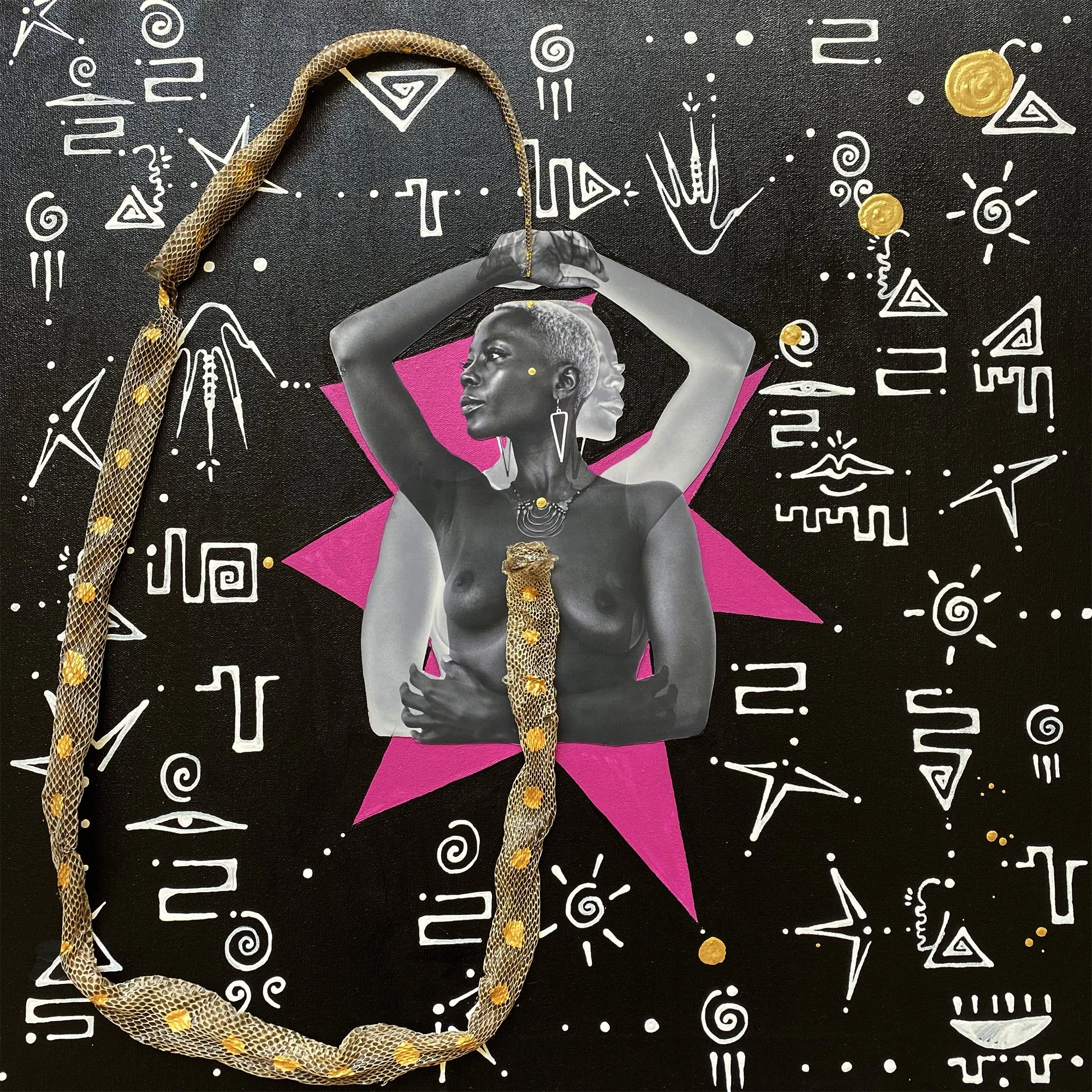 "Infinite" Photo, acrylic and real snakeskin on canvas.