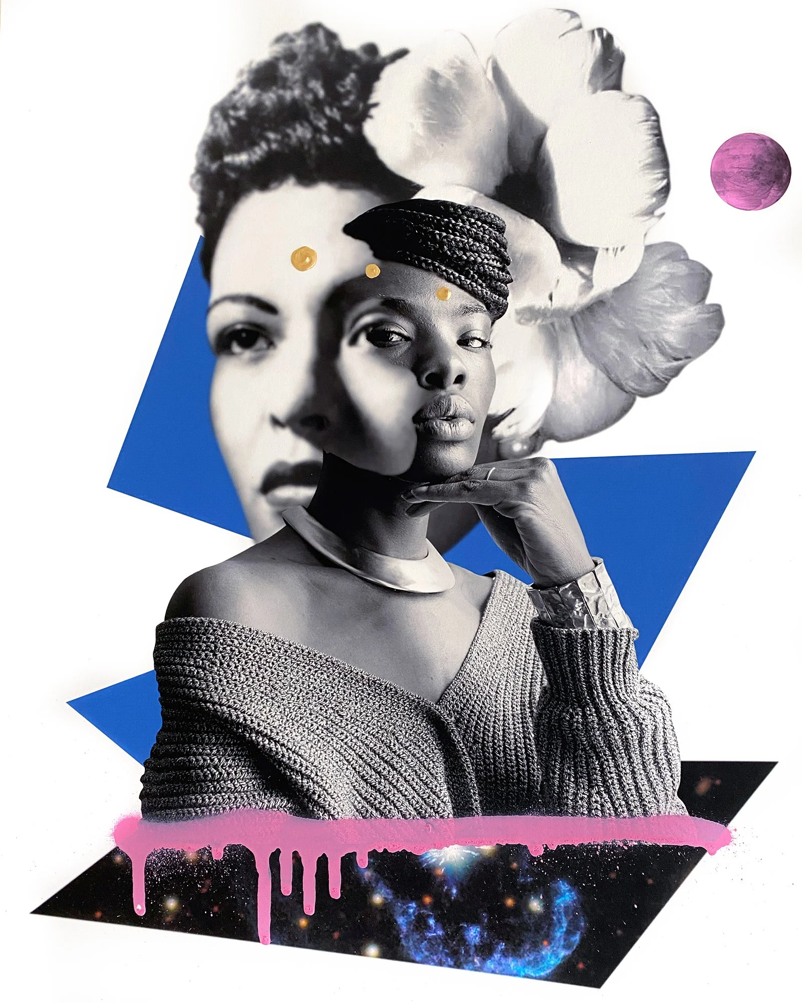 "The Lady and I" Digital collage with acrylic and spray paint detail.