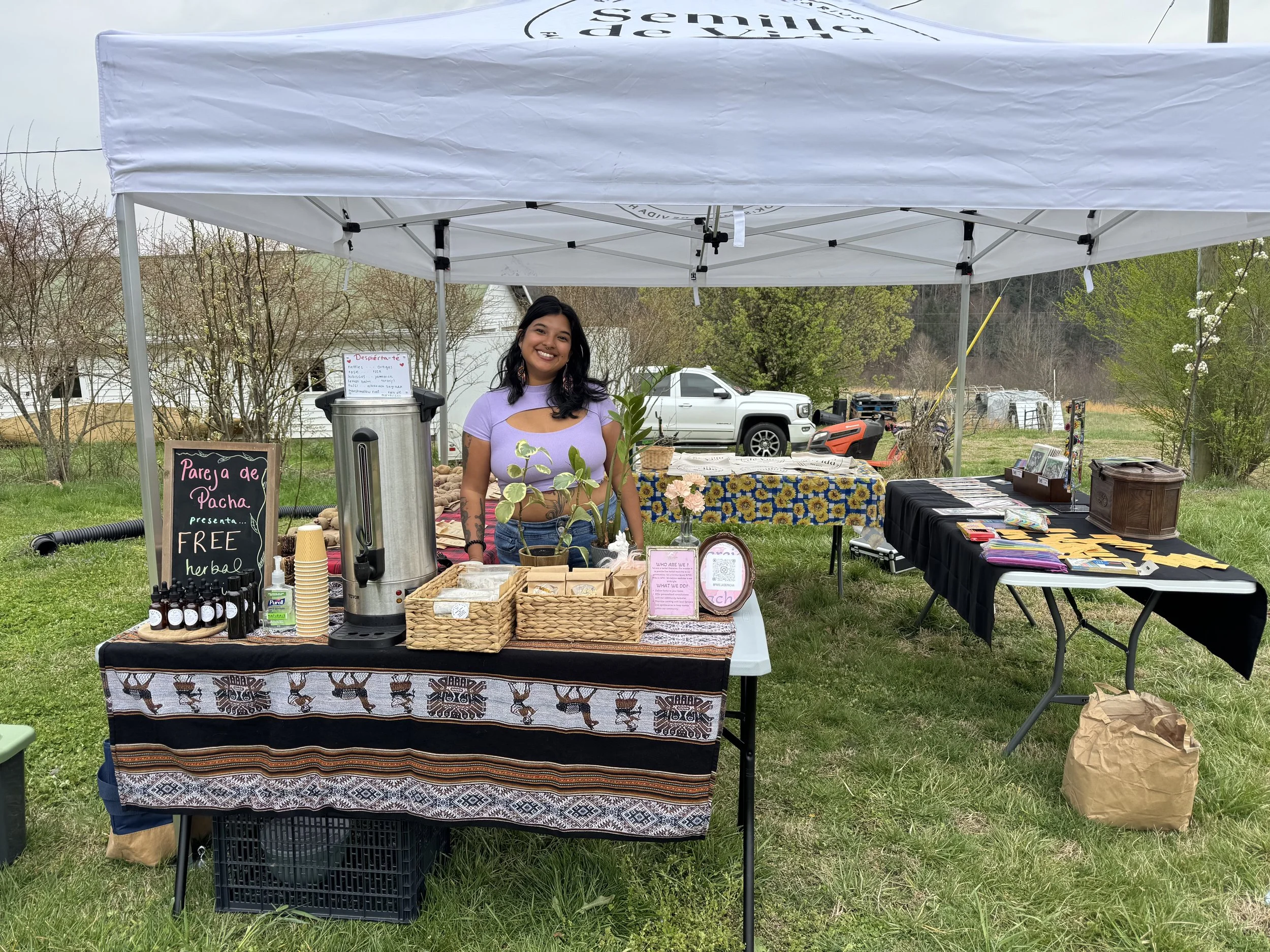 A young woman standing behind a table at an outdoor market stall under a white canopy. The table is decorated with a patterned cloth and displays herbal products, including small bottles and jars. There are signs indicating free herbal samples and information about the products. The setting is grassy with trees, a car, and other market stalls in the background.
