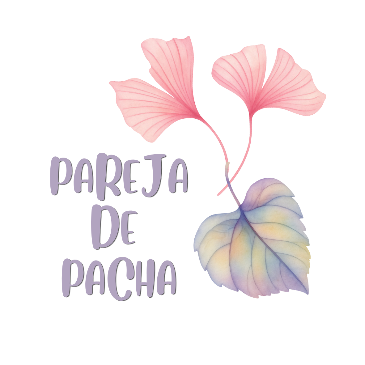 Easter greeting card with pastel-colored ginkgo leaves and the phrase 'Pareja de Pacha' in purple letters.