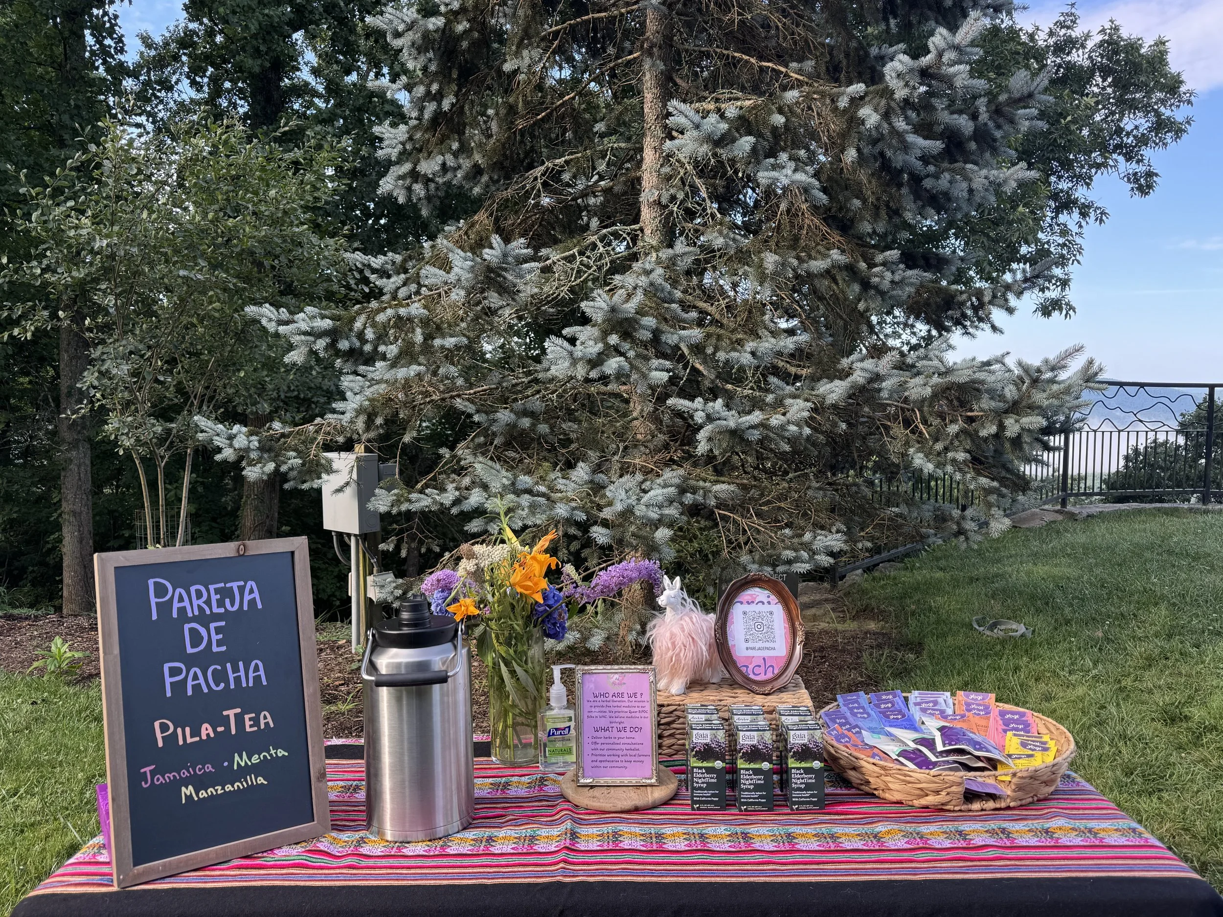 Outdoor booth with a colorful tablecloth displaying various herbal products, teas, and informational signs. A large pine tree and other greenery in the background, with the sky visible. Sign reads 'PAREJA DE PACHA' and 'TEA'.