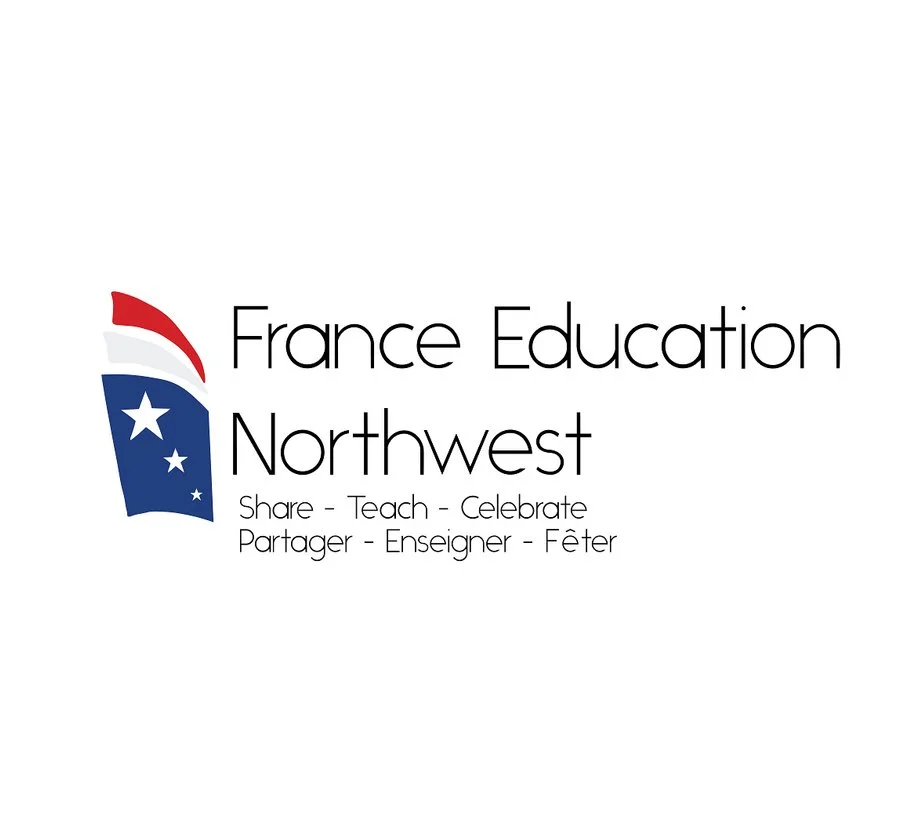 Logo for France Education Northwest featuring a stylized American flag with stars and stripes, with the text "France Education Northwest" and the words "Share, Teach, Celebrate" in English and French.