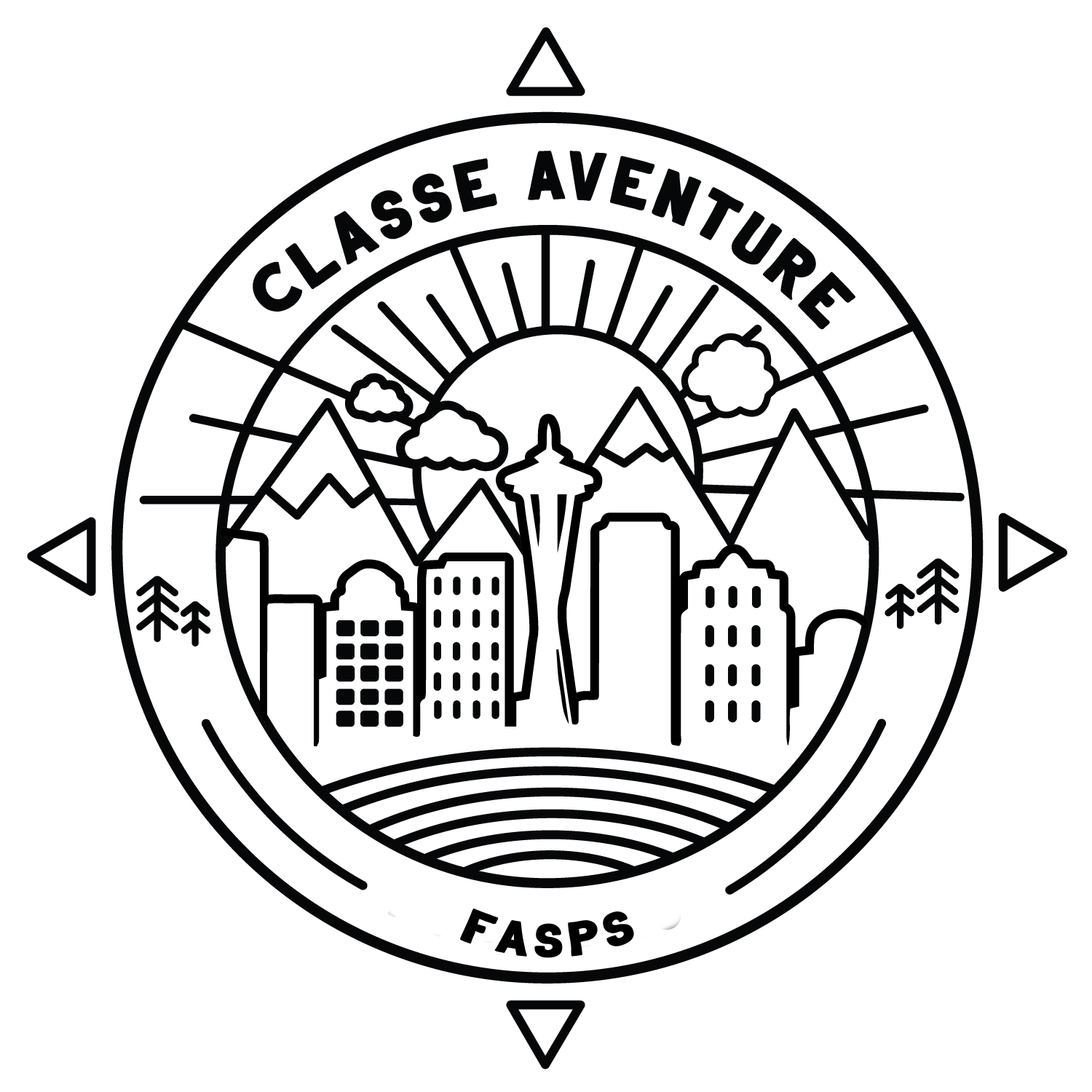 Line drawing of a mountain landscape with trees, clouds, and buildings, surrounded by a circular border with arrows and text that reads 'Classse Avenue Adventure'.