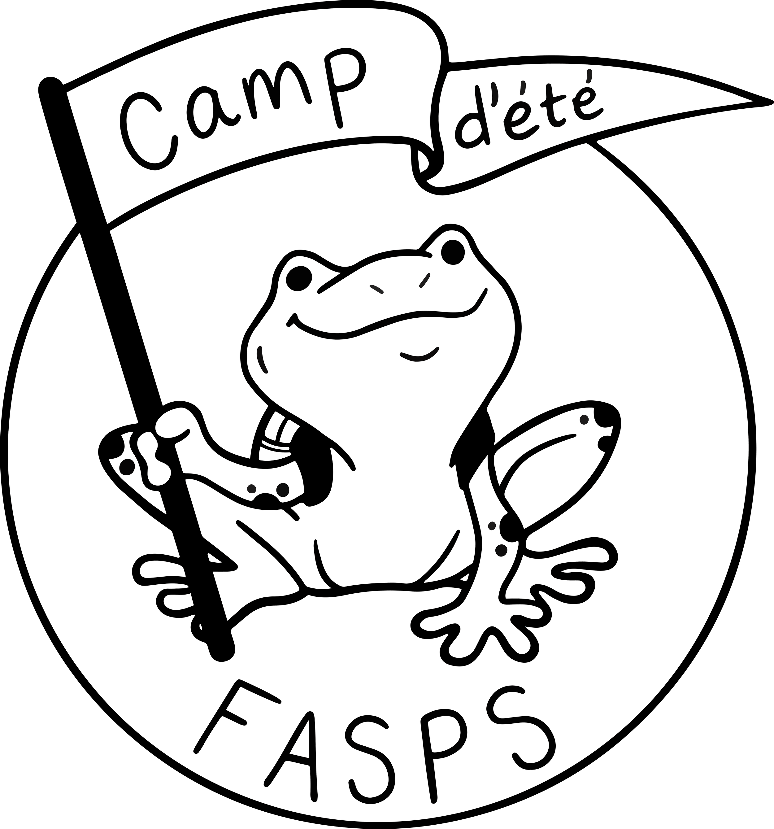 A black and white outline drawing of a circular sticker with the phrase 'Camp d'été' and a smiling bear wearing a hat.