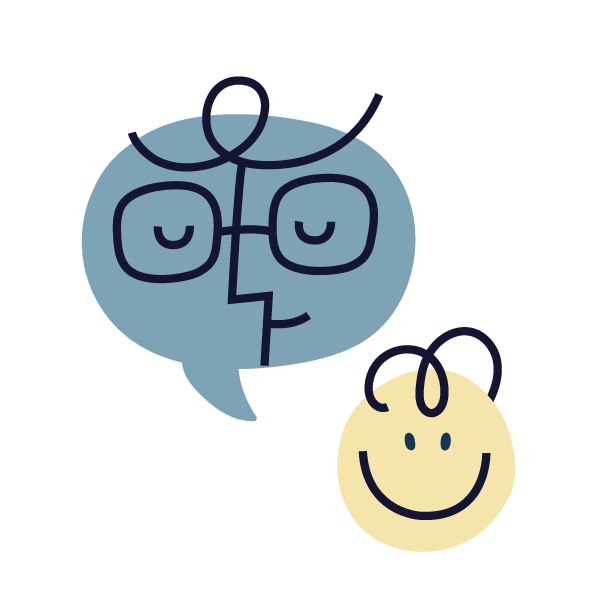 A cartoon illustration of a large speech bubble with a person's face, wearing glasses and smiling, and a smaller smiling face with curly hair and a bow.