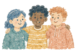Three children standing close together, smiling, with their arms around each other.