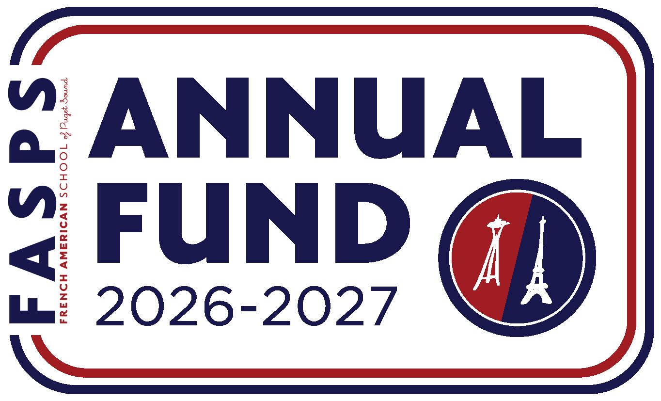 Logo for the French American School Patriots' Annual Fund 2026-2027, featuring icons of the Space Needle and Eiffel Tower.