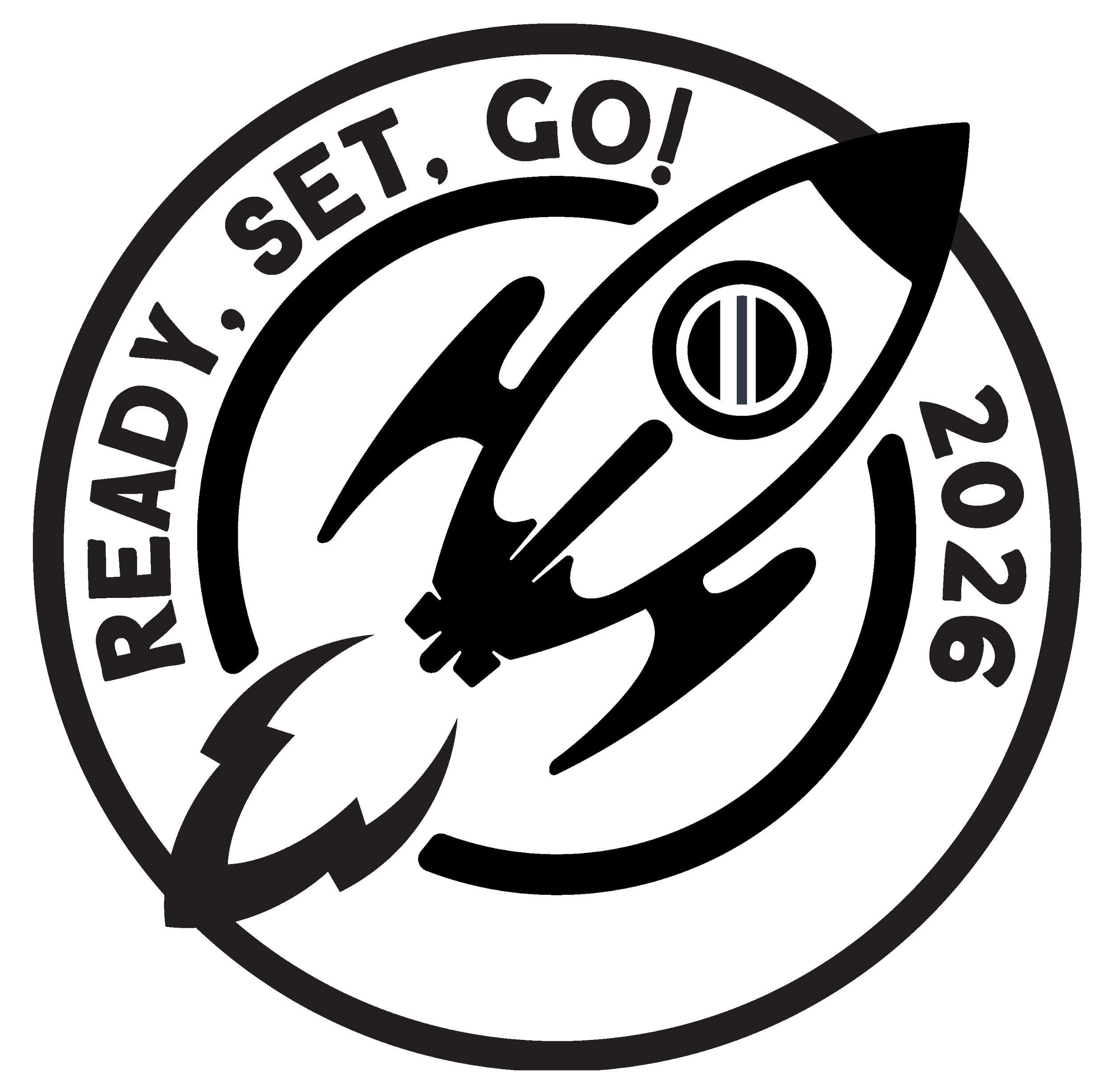 Black and white badge with circular border. Text reads 'READY! SET, GO!'. A stylized rocket blasting off in the center.