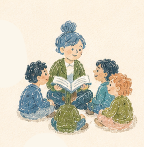 A woman reading a book to three children sitting on the floor.