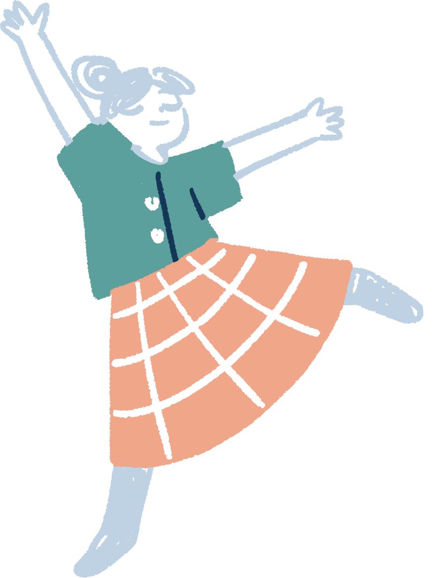 Illustration of a young girl with grey hair tied in pigtails, wearing glasses, a teal shirt, and an orange skirt with a white geometric pattern, jumping with arms raised and one leg extended sideways.