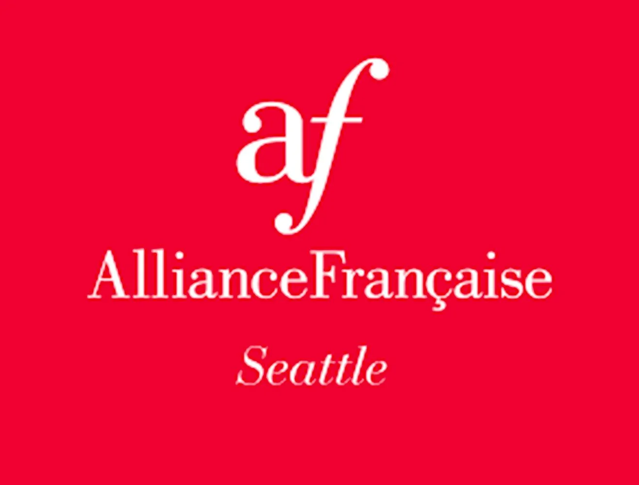 Red background with white text displaying the logo and name of Alliance Française Seattle.