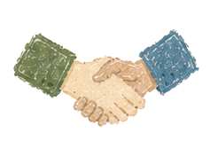 Two hands shaking in front of three stacked blocks representing money in green, beige, and blue.