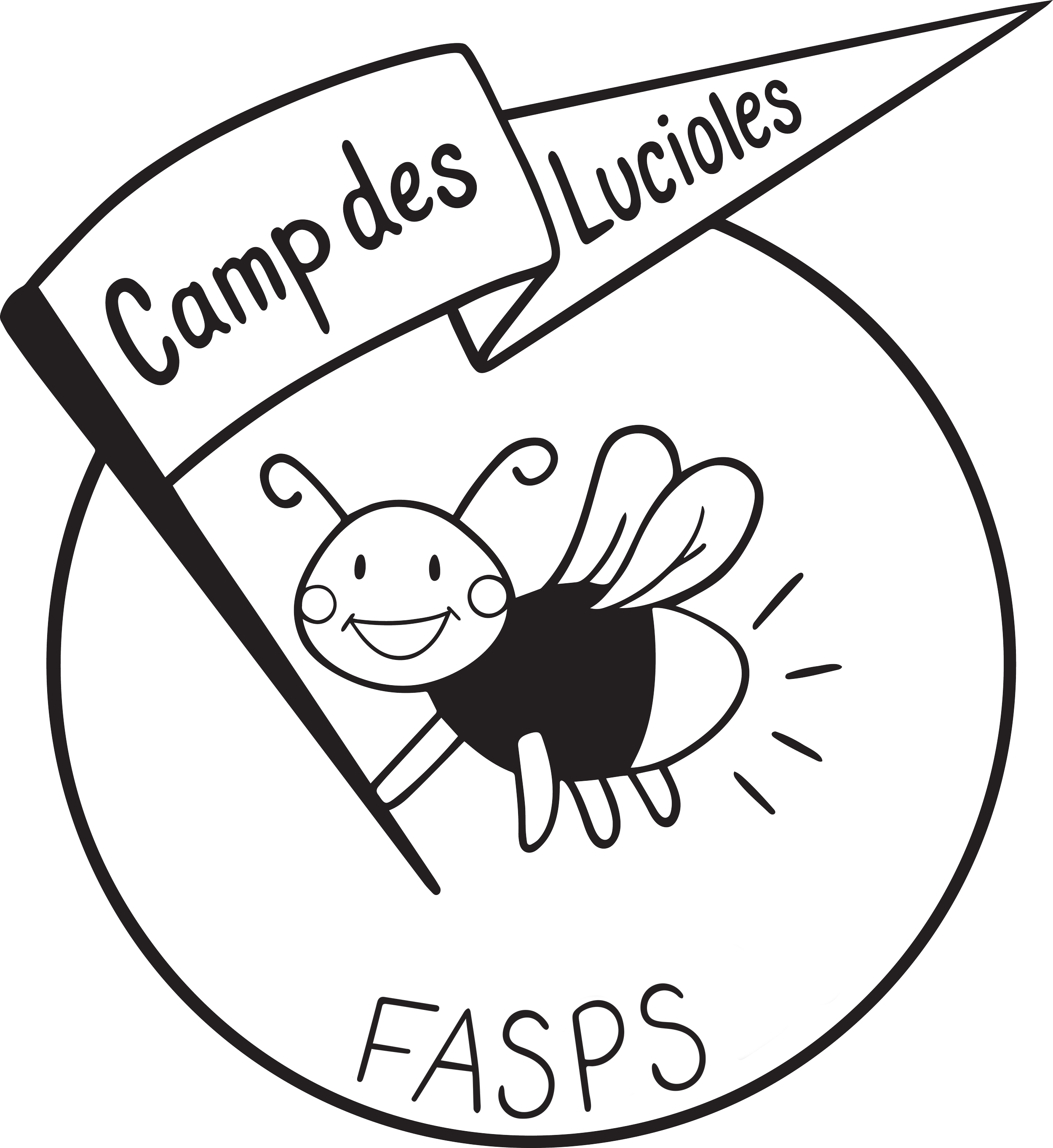 An illustration of a smiling cartoon face on a round label with a banner that says "Camp de Lucioiles" and the word "FASPS" underneath.