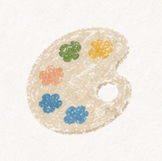 Paint palette with five paint blobs in green, orange, peach, blue, and darker blue.