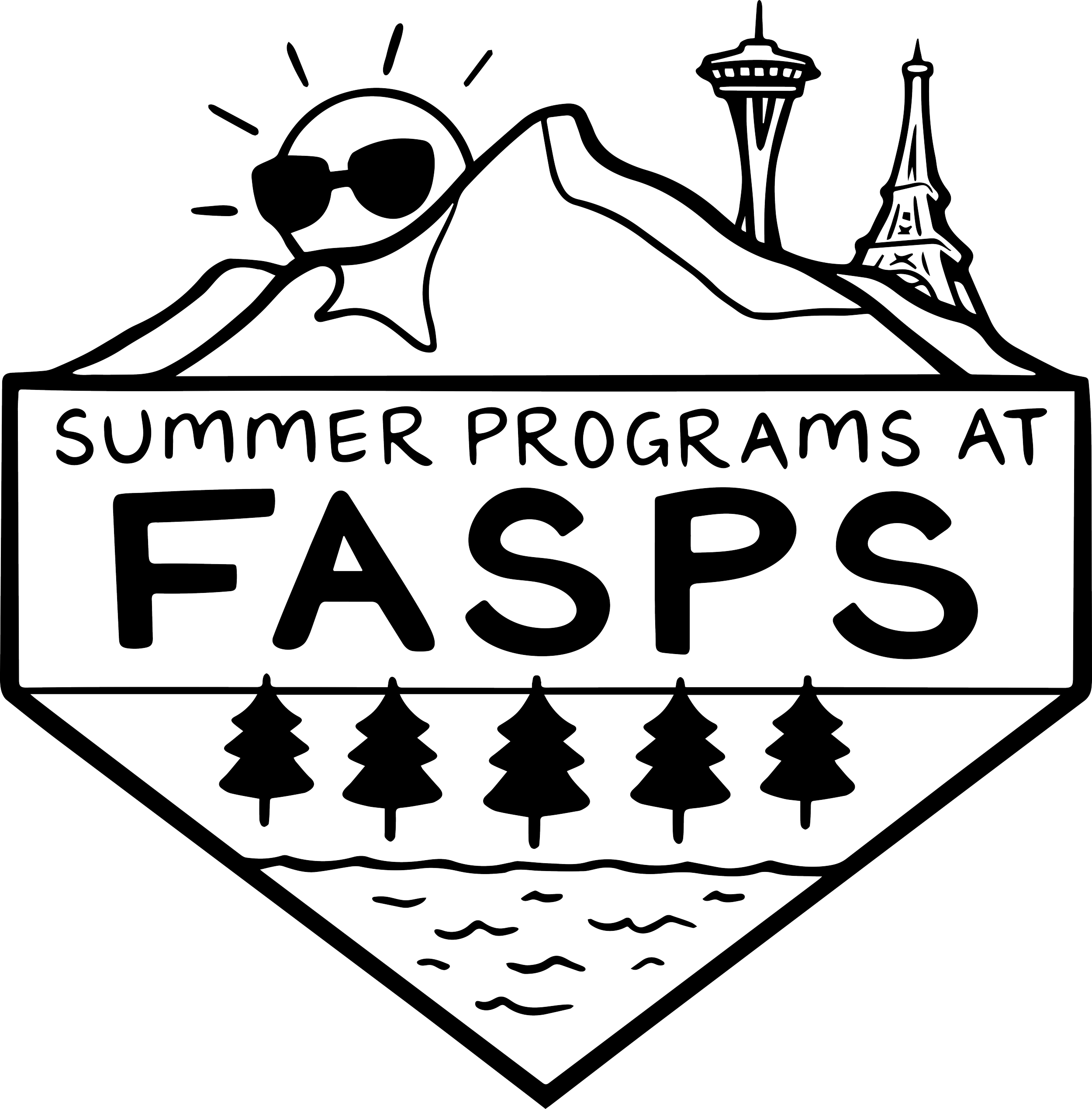 A black and white line drawing of a crossword puzzle with a summer-themed design, including sunglasses and buildings, and the phrase 'SUMMER PROGRAMS AT FASPS'.