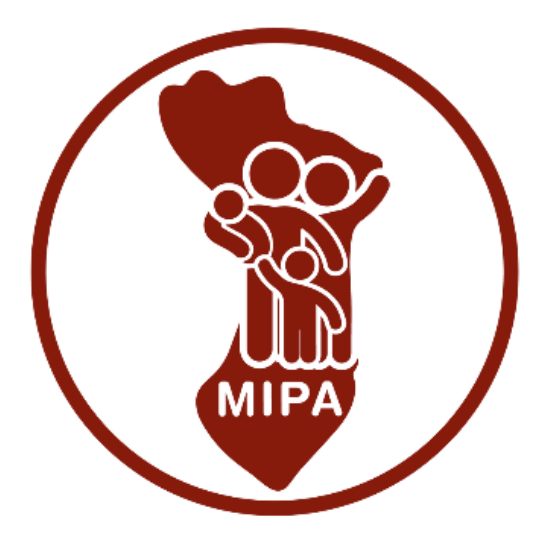 A logo featuring a raised fist, a female figure holding a child, and the word "MIPA" inside a circular border, with the outline of Israel in the background.