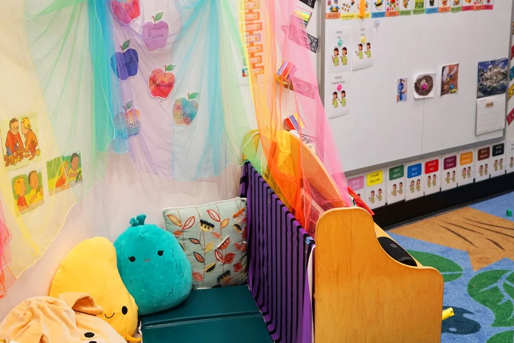 Children's reading nook with colorful curtains, plush toys, and a pillow, set against a wall decorated with educational posters and pictures.